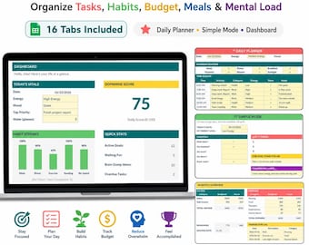 Planificador diario para TDAH, planificador de funciones ejecutivas, centro de vida en Excel y Google Sheets, registro de hábitos, presupuesto y comidas.