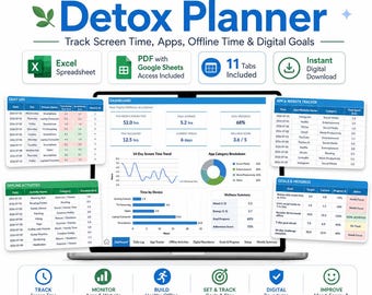 Social Media Detox Planner, Screen Time Tracker Excel Google Sheets, Digital Wellness Planner, App Tracker, Digital Detox Dashboard