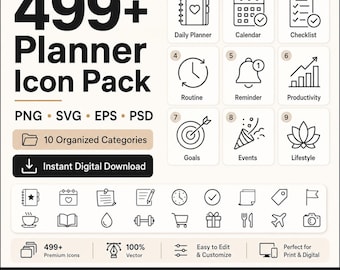 Paquete de más de 499 iconos para planificadores, diarios, calendarios, rutinas e iconos de productividad (svg, png, eps, psd)