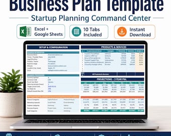 Plantilla de hoja de cálculo para plan de negocios, planificador de startups, proyecciones financieras, análisis FODA, plan de marketing, Excel y Google Sheets