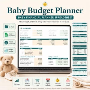 Puede incluir: Una hoja de cálculo digital de planificador de presupuesto para bebés en la pantalla de una computadora portátil, con un panel de control que incluye tablas de seguimiento financiero, categorías de gastos y objetivos de ahorro. El diseño incluye secciones para costos médicos, gastos únicos e impacto mensual del flujo de caja, con iconos de navegación, un oso de peluche y un zapato de bebé.