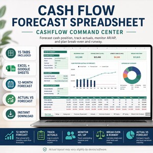 Cash Flow Forecast Spreadsheet, Business Cashflow Planner, Actual vs Forecast Tracker, Runway Break Even Dashboard, Excel Google Sheets