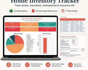 Home Inventory Tracker Spreadsheet, Excel Google Sheets Home Asset Manager, Insurance Report, Warranty & Maintenance Log