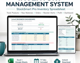 Hoja de cálculo del sistema de gestión de inventario, control de existencias, alertas de reordenamiento, órdenes de compra, seguimiento de ventas, Excel y Google Sheets.