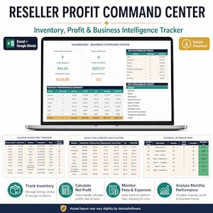 May include: A digital dashboard titled Reseller Profit Command Center displayed on a laptop screen. It features an inventory, profit, and business intelligence tracker with tables for monthly performance, master inventory, sales logs, and storage maps.