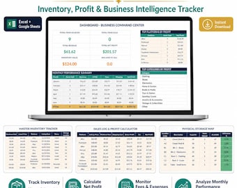May include: A digital dashboard titled Reseller Profit Command Center displayed on a laptop screen. It features an inventory, profit, and business intelligence tracker with tables for monthly performance, master inventory, sales logs, and storage maps.