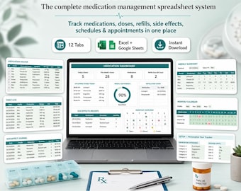 Hoja de cálculo para el seguimiento de medicamentos, organizador de pastillas, recordatorio de resurtido, registro de salud (Excel, Google Sheets)