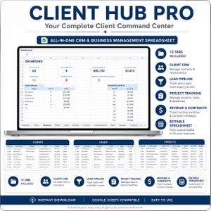 以下が含まれることがあります： CLIENT HUB PROというタイトルのデジタルスプレッドシートテンプレート。顧客指標、リードパイプライン、プロジェクト追跡を表示するダッシュボードが含まれています。レイアウトには、顧客、リード、プロジェクトの表と、CRMや収益管理用のアイコンが配置されています。