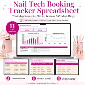 May include: A digital Nail Tech Booking Tracker Spreadsheet displayed on a laptop screen, featuring a business dashboard with revenue charts, a client database, appointment logs, and revenue tracking tables, with 11 tabs included.
