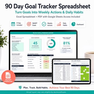 May include: A 90-day goal tracker spreadsheet displayed on a laptop and tablet screen. The interface features a 90-day countdown, overall progress charts, weekly habit scores, and a daily habit tracker with green and white grid cells.