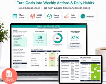 90-Tage-Goal-Tracker-Arbeitsblatt, SMART-Zielplaner, wöchentlicher Habit-Tracker, Fortschritts-Dashboard, Excel Google Sheets