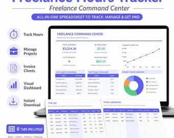 Hoja de cálculo para el seguimiento de horas de trabajo freelance, registro de tiempo, seguimiento de proyectos de clientes, generador de facturas, panel de control freelance, Excel y Google Sheets