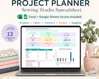 Arkusz kalkulacyjny do planowania projektów krawieckich, inwentaryzacja zapasów tkanin, biblioteka wykrojów, śledzenie budżetu na szycie, arkusze kalkulacyjne Google w programie Excel