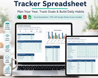New Year Resolution Tracker Spreadsheet, Annual Goal Planner, Habit Tracker, Vision Board, Monthly Weekly Planner, Excel Google Sheets