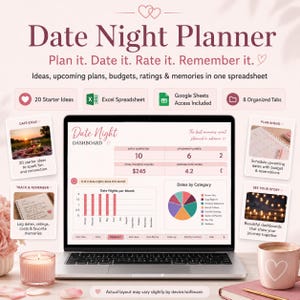Planilha para Planejamento de Encontros Românticos, Rastreador de Ideias para Encontros de Casal, Diário de Relacionamento, Orçamento e Registro de Memórias, Modelo para Excel e Google Sheets
