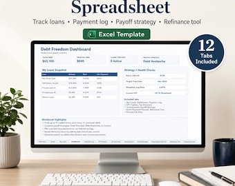 Hoja de cálculo para el seguimiento de préstamos estudiantiles, planificador de pago de préstamos estudiantiles, calculadora de pago de deudas, registro de pagos, herramienta de refinanciamiento, Excel y Google Sheets