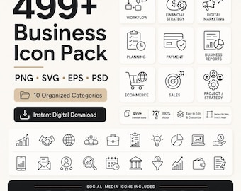 Paquete de más de 499 iconos de negocios, SVG (descarga digital - png, eps, psd), marketing, finanzas y comercio electrónico.