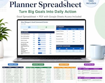Legearbeitsblatt für einen Planer und Zielplaner, smarter Ziel-Tracker, Vision Board, Habit Tracker, Vierteljahresplaner, Excel Google Sheets