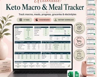 ケトダイエットトラッカースプレッドシート、ケト食事プランナー、マクロトラッカー、低炭水化物食品データベース、買い物リスト、体重トラッカー、Excel Googleスプレッドシート
