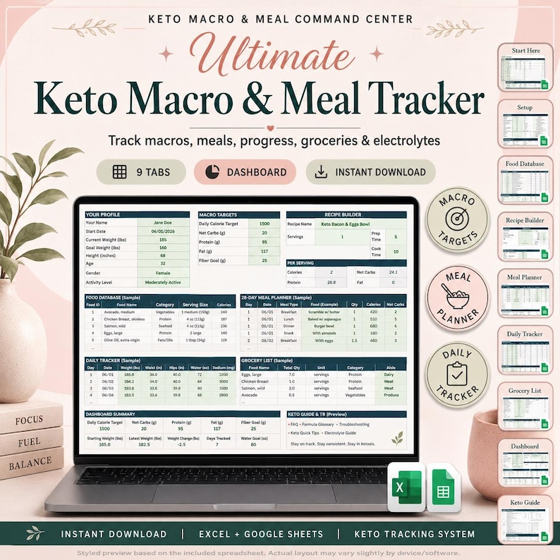 May include: A digital Keto Macro & Meal Tracker spreadsheet displayed on a laptop screen. The interface includes sections for profile, macro targets, recipe builder, food database, meal planner, daily tracker, and grocery list with 9 tabs.