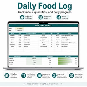 Puede incluir: Un registro diario de alimentos digital en la pantalla de una computadora port&aacute;til. La interfaz incluye columnas para comida, hora, nombre del alimento, fuente, cantidad y notas. Una secci&oacute;n de resumen rastrea las metas diarias de calor&iacute;as y macros.