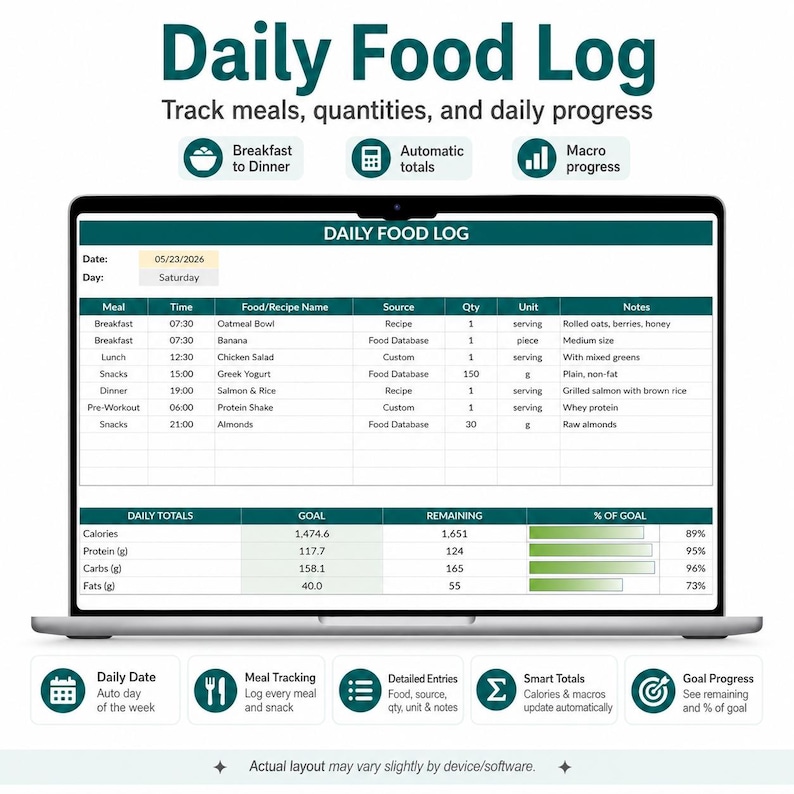 Puede incluir: Un registro diario de alimentos digital en la pantalla de una computadora port&aacute;til. La interfaz incluye columnas para comida, hora, nombre del alimento, fuente, cantidad y notas. Una secci&oacute;n de resumen rastrea las metas diarias de calor&iacute;as y macros.