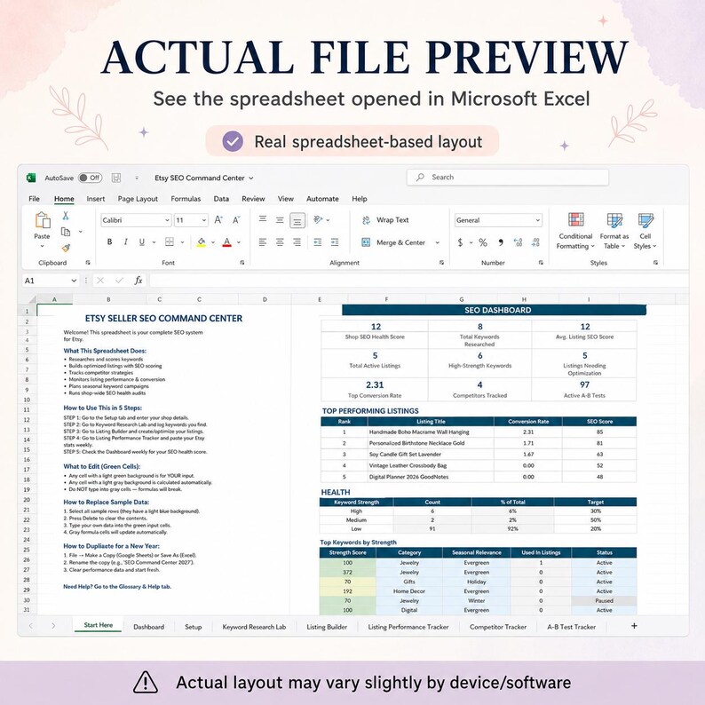 May include: A digital spreadsheet interface titled Etsy Seller SEO Command Center displayed in Microsoft Excel. The layout includes an SEO dashboard with metrics, a top performing listings table, and a keyword strength analysis section with various data.