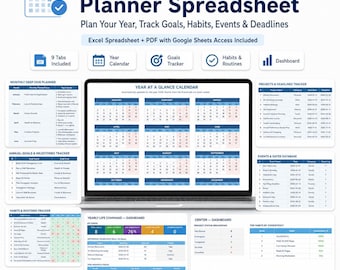 Yearly Calendar Planner Spreadsheet, Annual Goals Tracker, Habit Routine Tracker, Projects Deadlines, Excel Google Sheets