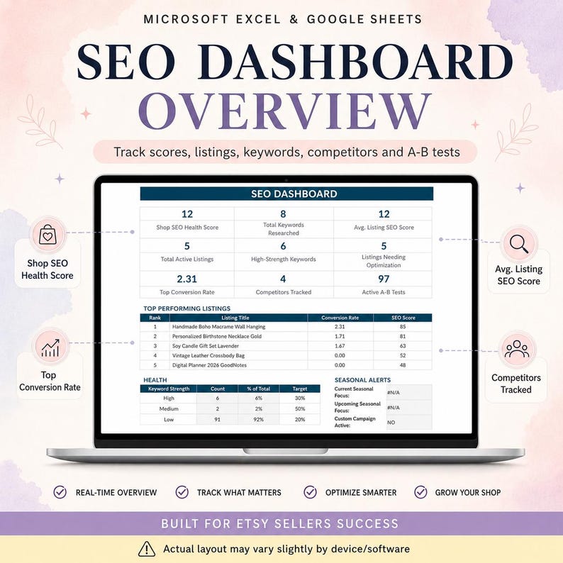 May include: A digital SEO dashboard for Microsoft Excel and Google Sheets displayed on a laptop screen. The interface includes tables for shop health scores, keyword research, listing performance, and seasonal alerts, designed for tracking e-commerce data.