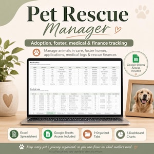 Könnte beinhalten: Ein Laptop-Bildschirm zeigt eine Pet Rescue Manager-Tabelle mit Tierprofilen und medizinischen Protokollen. Die Benutzeroberfläche enthält Registerkarten für Dashboard, Pflegestellen, Bewerbungen, Finanzen, Ausgaben und Spenden sowie Google Sheets-Zugriff.