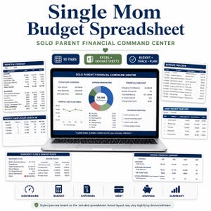 May include: A digital budget spreadsheet titled Single Mom Budget Spreadsheet and Solo Parent Financial Command Center, displayed on a laptop screen surrounded by various financial tracking tables, charts, and icons for Excel and Google Sheets.