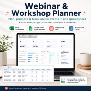 May include: A digital Webinar & Workshop Planner spreadsheet tool for tracking events, tasks, and budgets. The interface displays an Event Command Dashboard with metrics, revenue charts, and an Events Pipeline table for managing online event logistics.