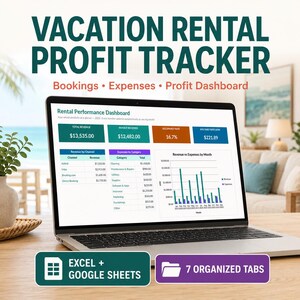 Vinstspårning för semesterbostäder, kalkylblad för Airbnb-värdar, utgiftsöversikt (Excel/Google Sheets)