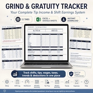May include: A digital spreadsheet system titled Grind & Gratuity Tracker displayed on a laptop screen, featuring tabs for shift logs, expenses, trends, and insights. The interface includes tables for monthly summaries, goal tracking, and tax preparation.