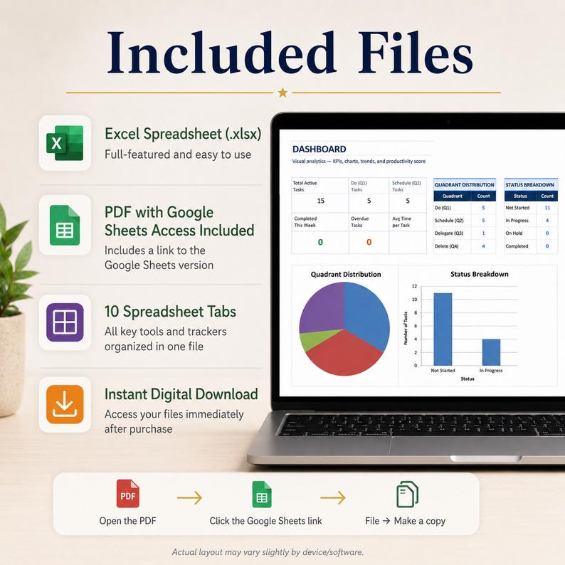 K&ouml;nnte beinhalten: Ein Laptop-Bildschirm zeigt ein Dashboard mit Diagrammen und Tabellen sowie eine Liste der enthaltenen Dateien: Excel-Tabelle, PDF mit Google Sheets-Zugriff, 10 Tabellenbl&auml;tter und sofortiger digitaler Download. Eine Anleitung zeigt den Zugriff.