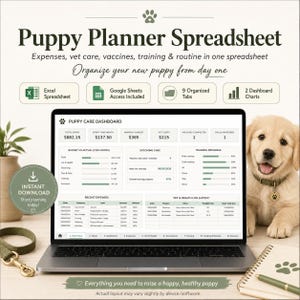 Puppy Planner Spreadsheet, Dog Care Tracker, Vet Health Log, Vaccination Tracker, Training, Feeding Routine, Budget Excel Google Sheets