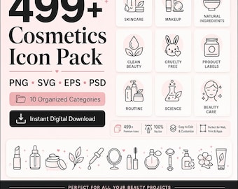 Pode incluir: Um pacote gráfico para download digital com 499+ ícones de cosméticos. Os ícones são organizados em 10 categorias, incluindo cuidados com a pele, maquiagem e beleza. Disponível em formatos PNG, SVG, EPS e PSD.
