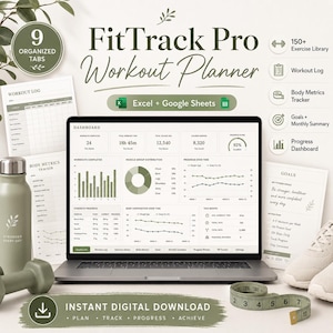 Workout Planner Spreadsheet, Fitness Tracker, Gym Log, Body Metrics (Excel, Google Sheets)