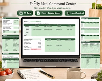 Weekly Meal Planner Spreadsheet, Family Meal Planner, Grocery List, Pantry Inventory, Recipe Organizer, Budget Tracker, Excel Google Sheets