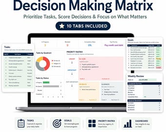 Decision Making Matrix Spreadsheet, Priority Matrix Excel, Google Sheets Task Prioritizer, Eisenhower Matrix, Delegation Tracker