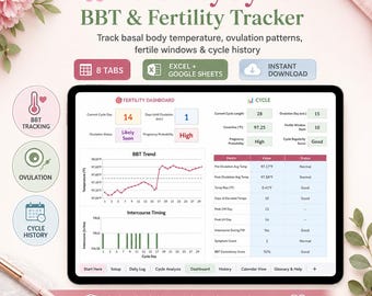 Hoja de cálculo para el seguimiento de la fertilidad, calendario de ovulación, gráfica de temperatura basal corporal, seguimiento del moco cervical, planificador para intentar concebir, hojas de cálculo de Excel y Google.