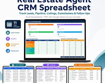 Hoja de cálculo CRM para agentes inmobiliarios, seguimiento de clientes potenciales para agentes inmobiliarios, panel de control de cartera de clientes, seguimiento de comisiones, hojas de cálculo de Excel y Google