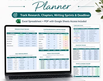 Thesis Dissertation Planner Spreadsheet, PhD Planner Excel, Google Sheets Research Tracker, Literature Review Matrix, Writing Sprint Tracker