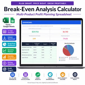 May include: A digital break-even analysis calculator spreadsheet for Excel and Google Sheets. The screen displays a dashboard with revenue, fixed costs, break-even units, margin percentages, and a sales mix pie chart for various products.