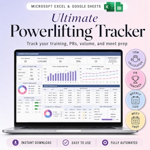 May include: A laptop screen displays a powerlifting tracker with charts and data visualizations. The interface includes sections for training logs, PR tracking, and a 1RM calculator. The text reads "Ultimate Powerlifting Tracker."