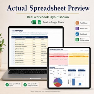 K&ouml;nnte beinhalten: Ein Laptop und ein Tablet zeigen eine digitale Aufgabenverwaltungs-Tabelle. Der Laptop-Bildschirm zeigt eine Task Master-Liste mit Spalten f&uuml;r ID, Name, Kategorie und Projekt. Das Tablet zeigt eine Eisenhower-Matrix-Ansicht und ein Dashboard.