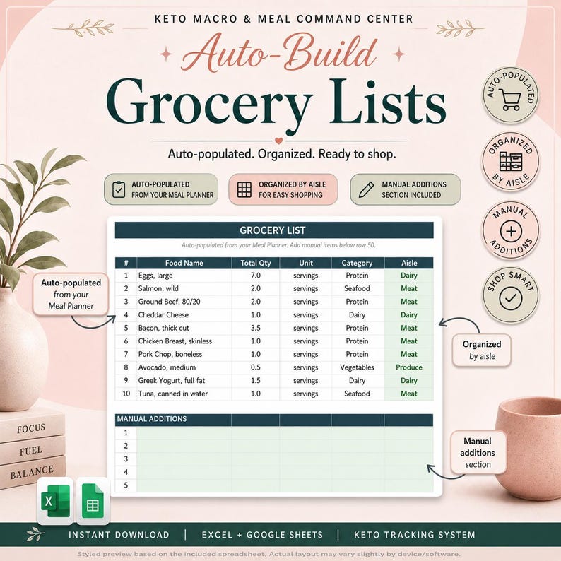 May include: A digital Keto Macro and Meal Command Center spreadsheet for auto-building grocery lists. The interface displays columns for food name, quantity, unit, category, and aisle, with a section for manual additions, compatible with Excel and Google Sheets.