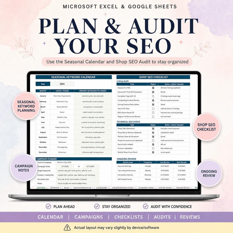 May include: A digital spreadsheet for Microsoft Excel and Google Sheets titled PLAN & AUDIT YOUR SEO. The interface includes a Seasonal Keyword Calendar, Shop SEO Checklist, Campaign Planner, and Ongoing Review sections for tracking tasks.