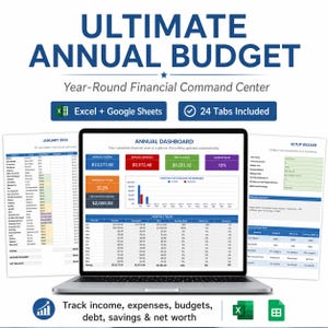 May include: A digital financial planning tool titled Ultimate Annual Budget, Year-Round Financial Command Center. The display shows an annual dashboard with income, expenses, savings, and net worth charts, compatible with Excel and Google Sheets.