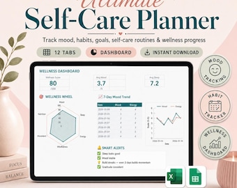 Self Care Planner Spreadsheet, Wellness Tracker, Excel Google Sheets, Mental Health Daily Routine 2026